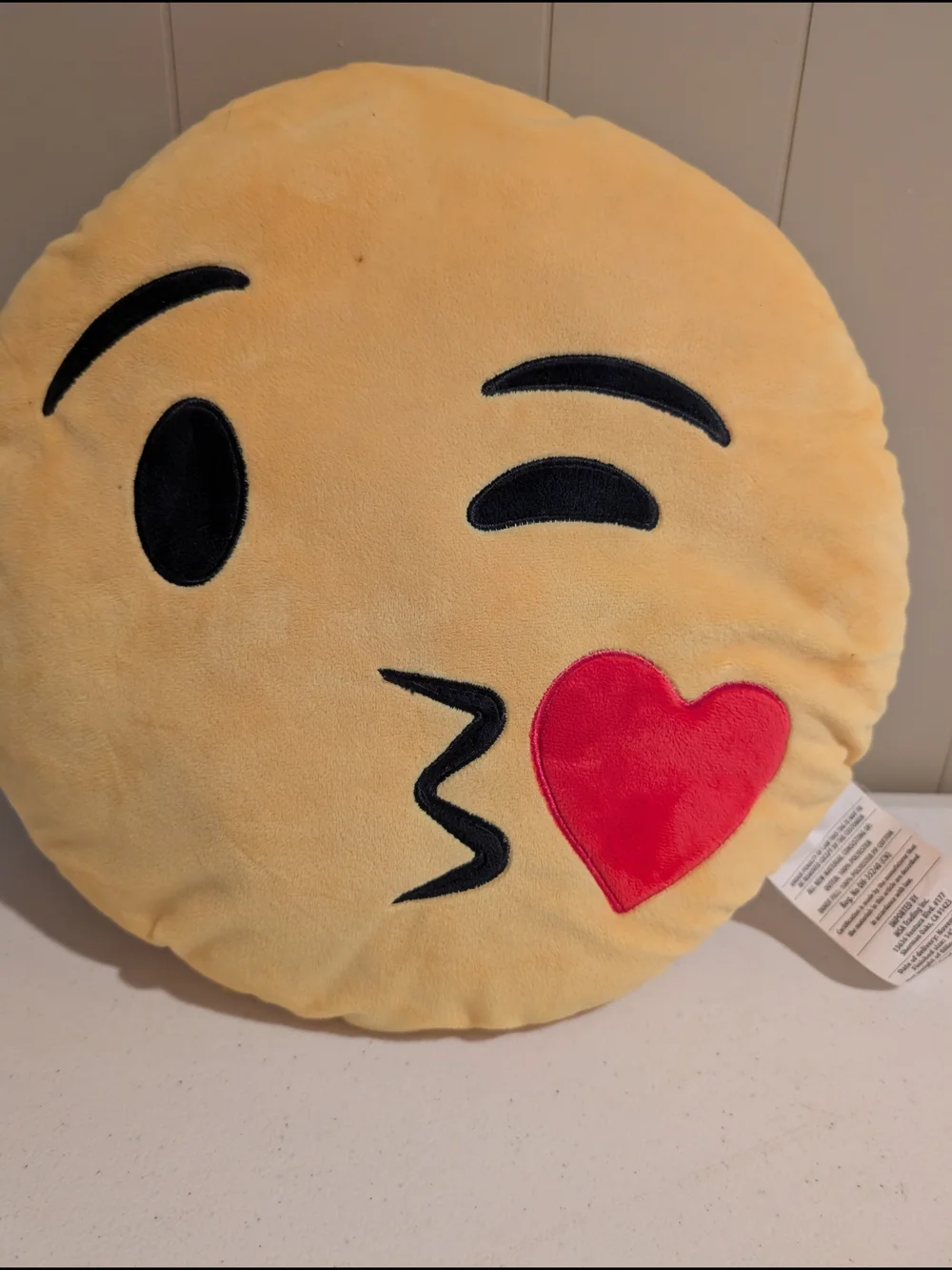 Kissing Face Emoji Plush Pillow - Yellow with Red Heart